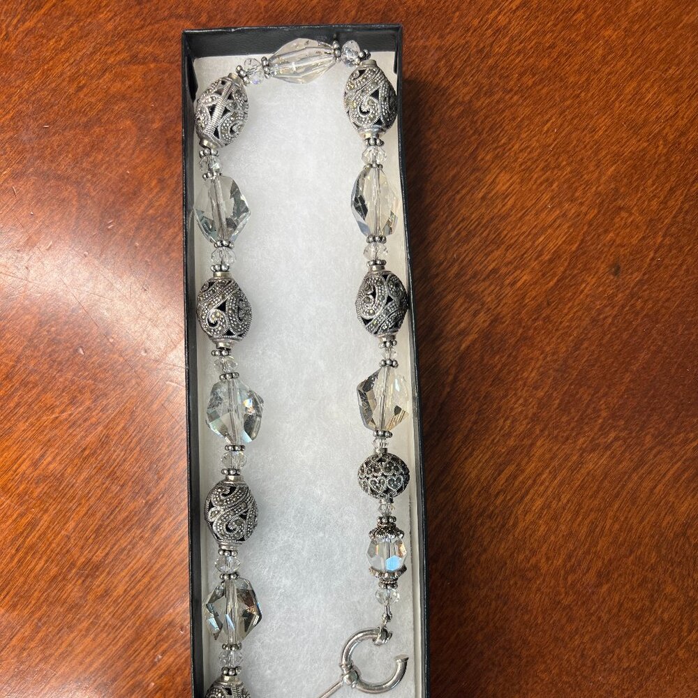 Handmade Crystal and Sterling Silver Filigree toggle chain 16" necklace